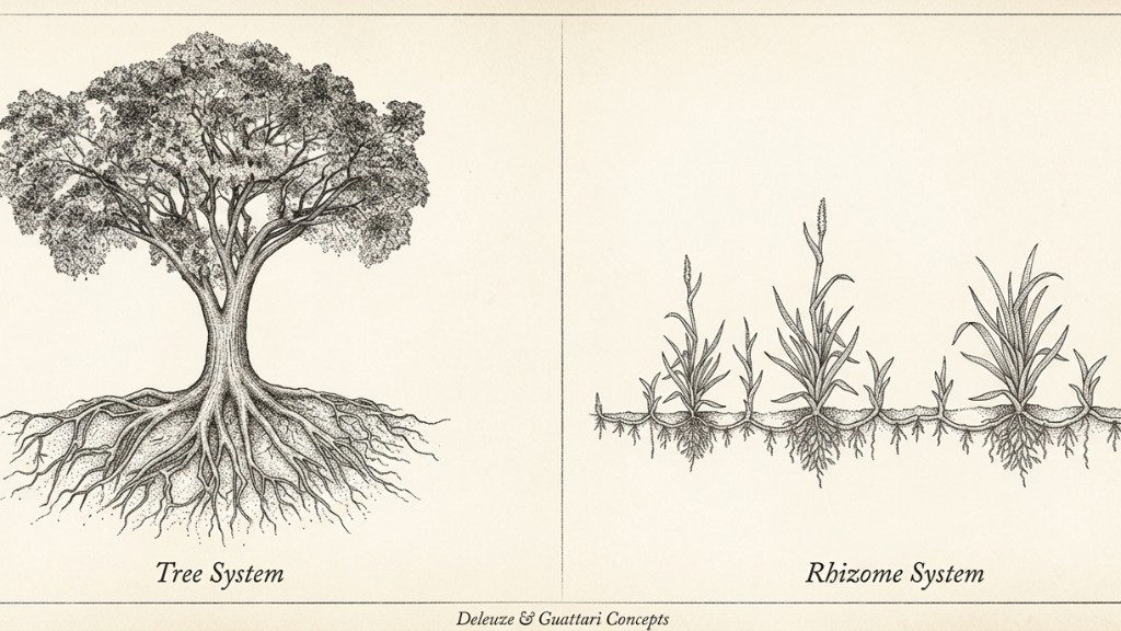 Illustration comparing a tree root system and a rhizome system